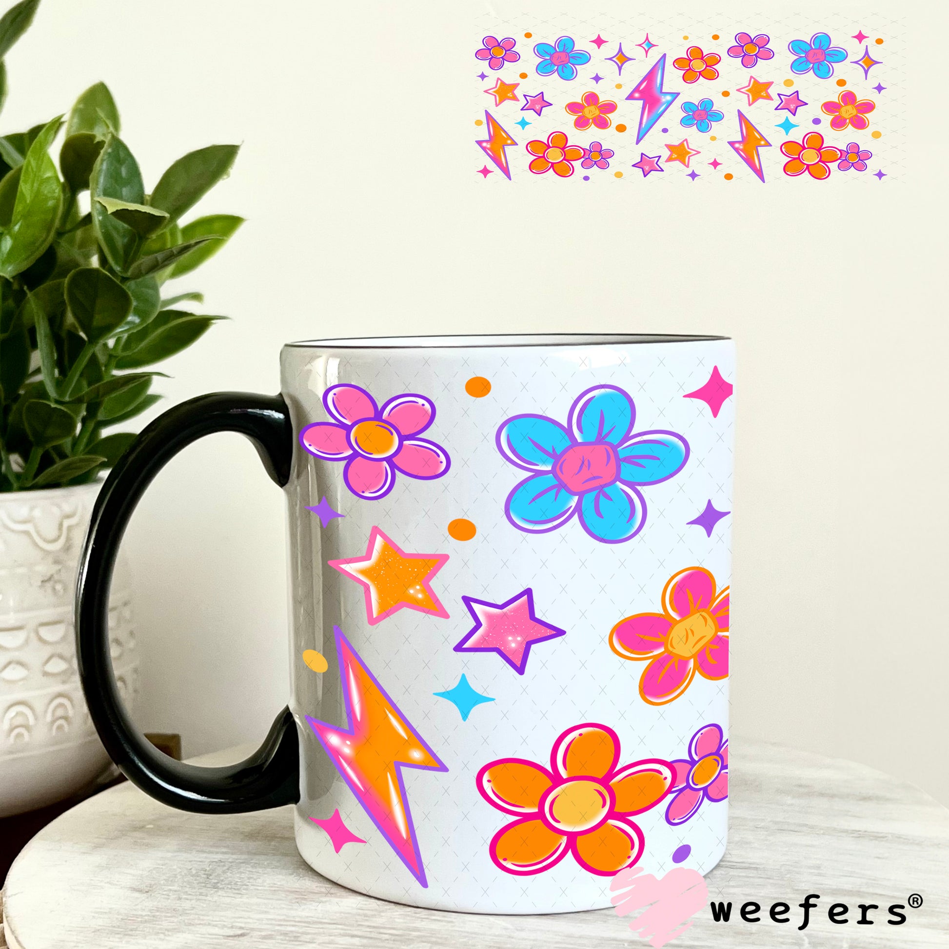 Blue Orange Flowers and Lightening Bolt UV DTF Cup Wrap 11oz Coffee Mug Weefers