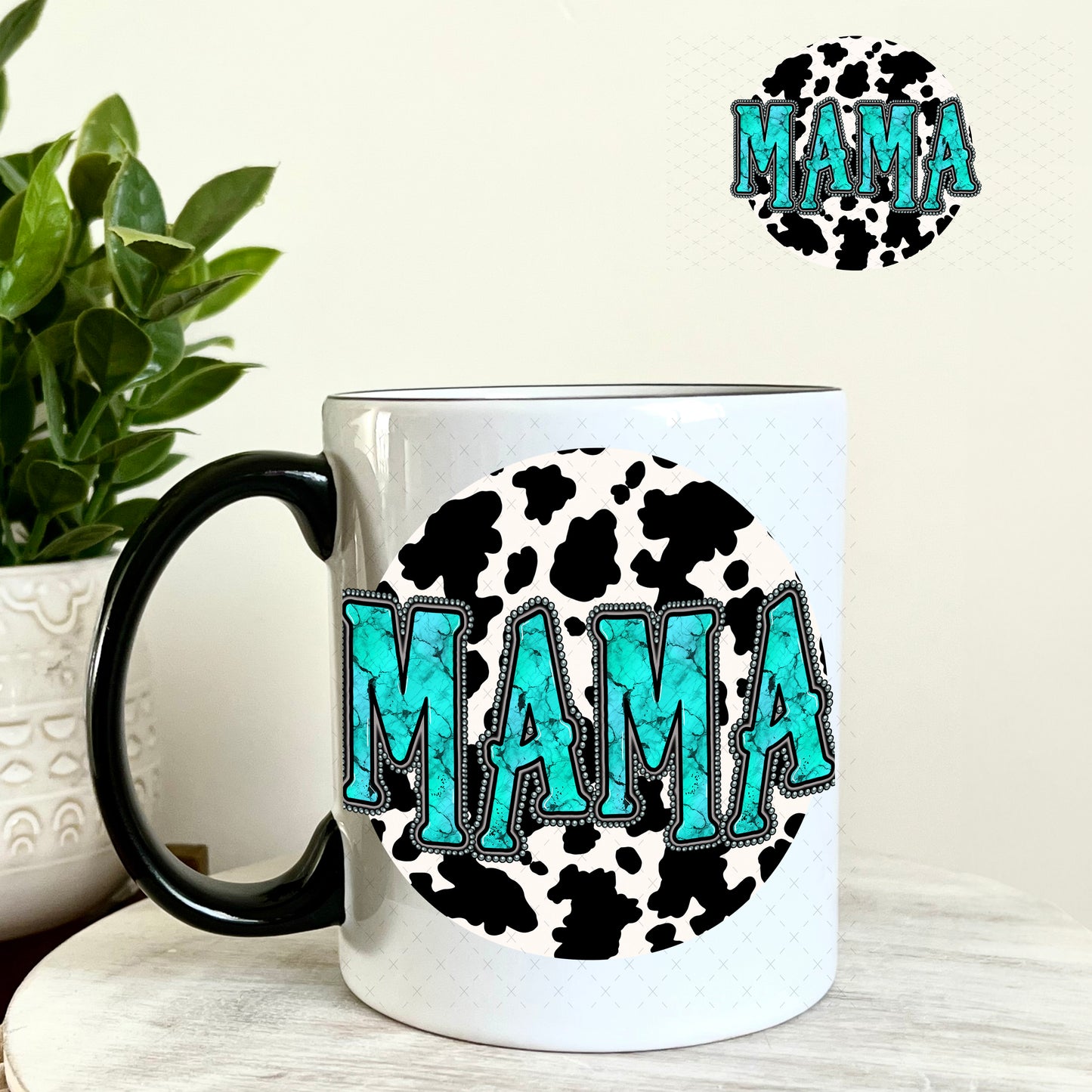 Teal Mama Cow Print UV DTF Decal 11oz Coffee Mug Weefers