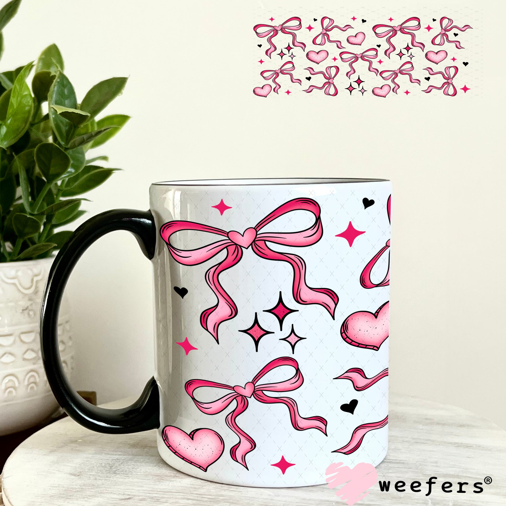 Pink Bows and Hearts UV DTF Cup Wrap 11oz Coffee Mug Weefers