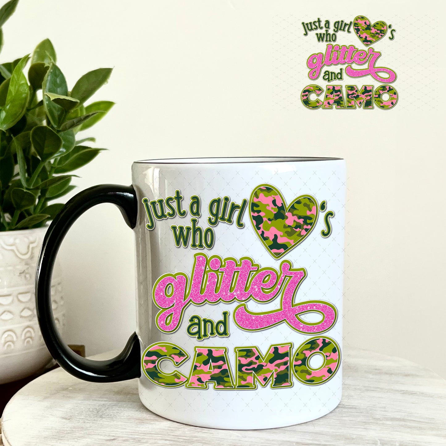 Just a Girl Who Love's Glitter and Camo UV DTF Decal 11oz Coffee Mug Weefers