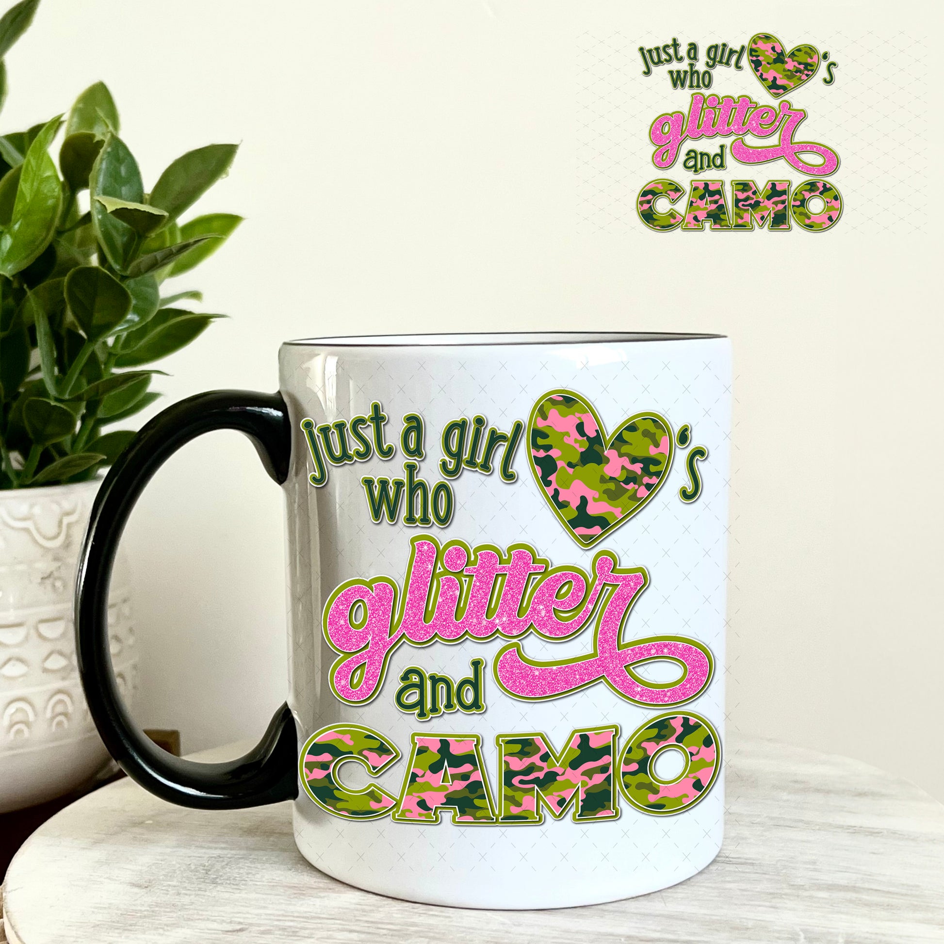 Just a Girl Who Love's Glitter and Camo UV DTF Decal 11oz Coffee Mug Weefers