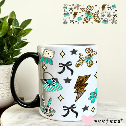 Brown Cow Print Balloon Dog Teal Bow UV DTF Cup Wrap - Weefers Exclusive 11oz Coffee Mug Weefers