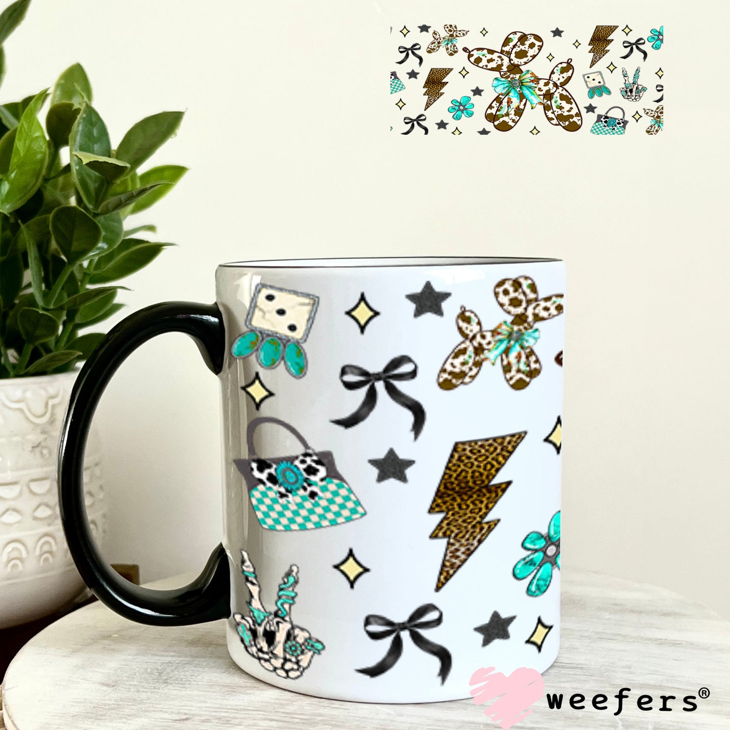 Brown Cow Print Balloon Dog Teal Bow UV DTF Cup Wrap - Weefers Exclusive 11oz Coffee Mug Cup Wrap Weefers