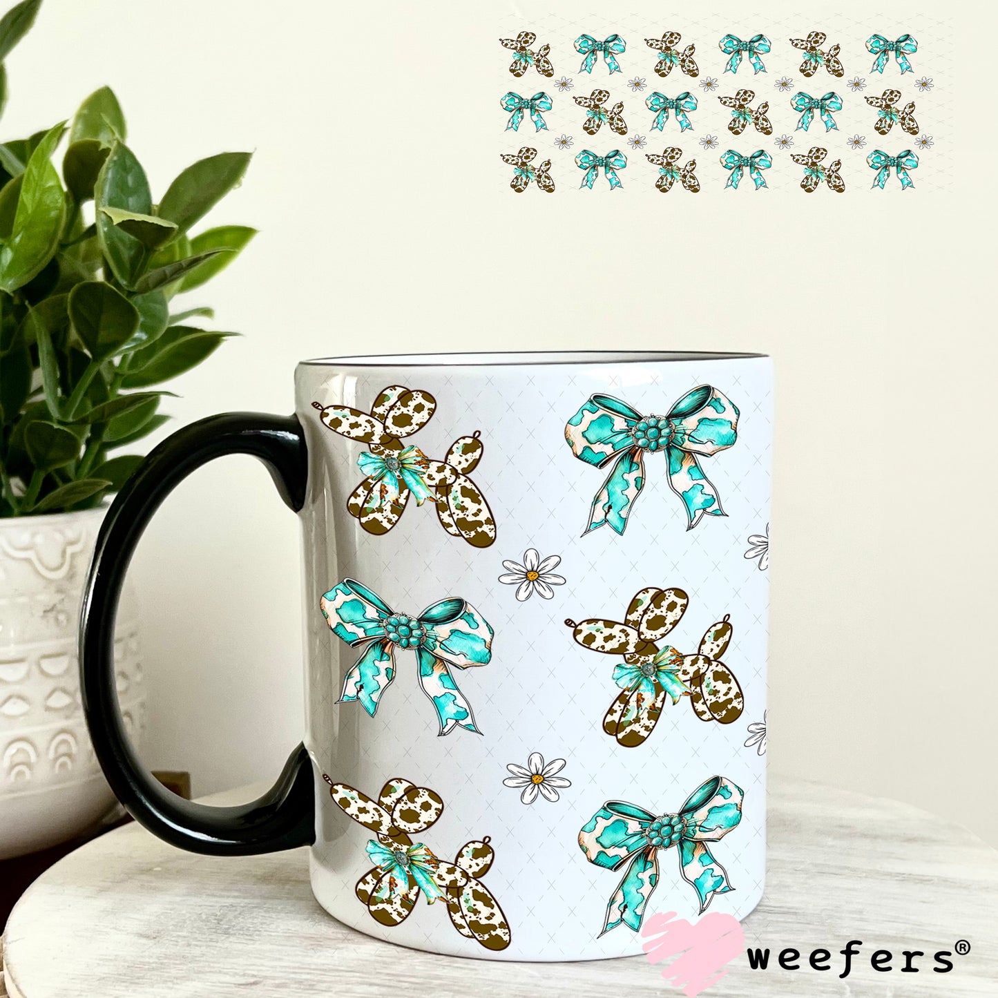 Brown Cow Print Balloon Dog Teal Bow Sidekick UV DTF Cup Wrap - Weefers Exclusive 11oz Coffee Mug Weefers