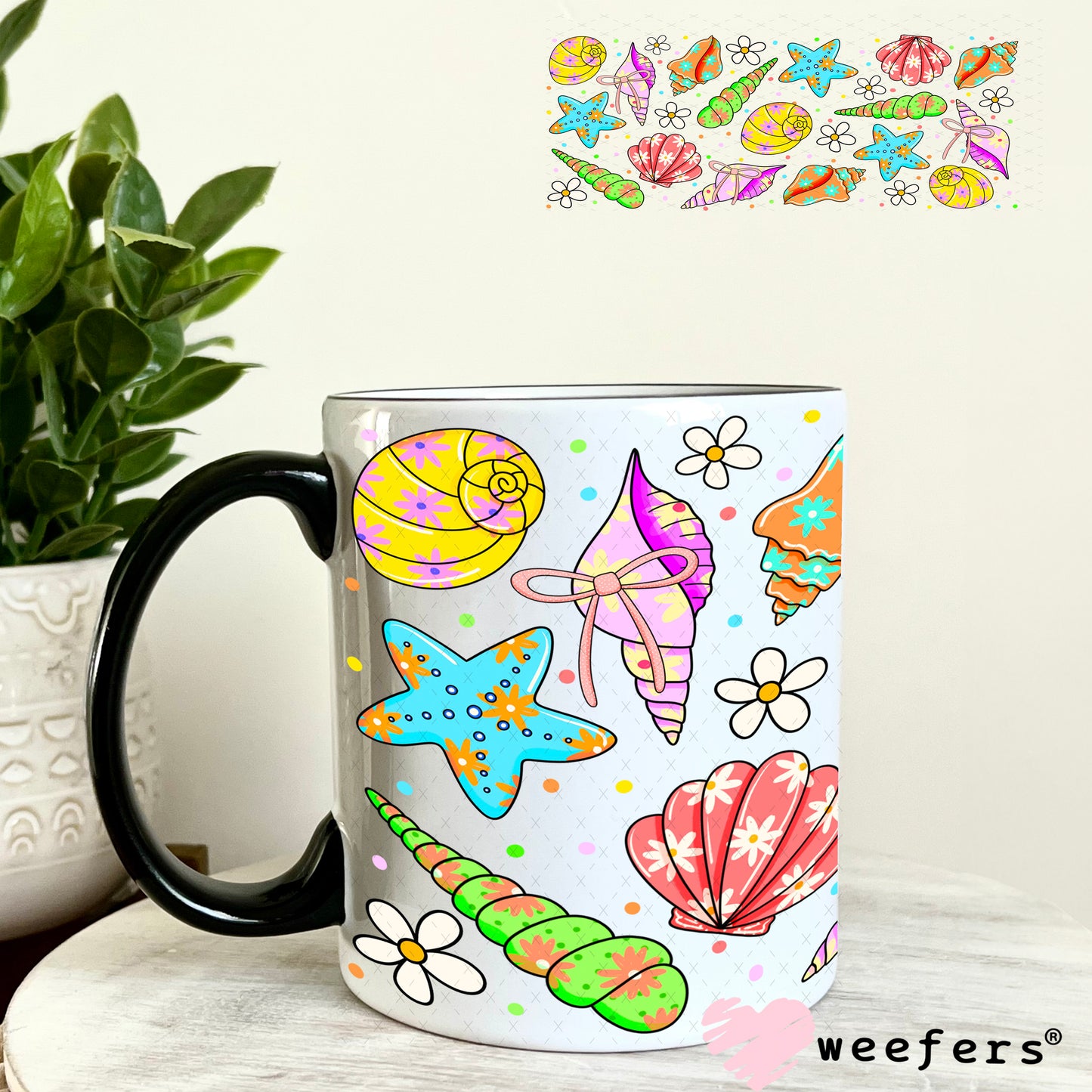 Purple and Green Seashells UV DTF Cup Wrap 11oz Coffee Mug Weefers