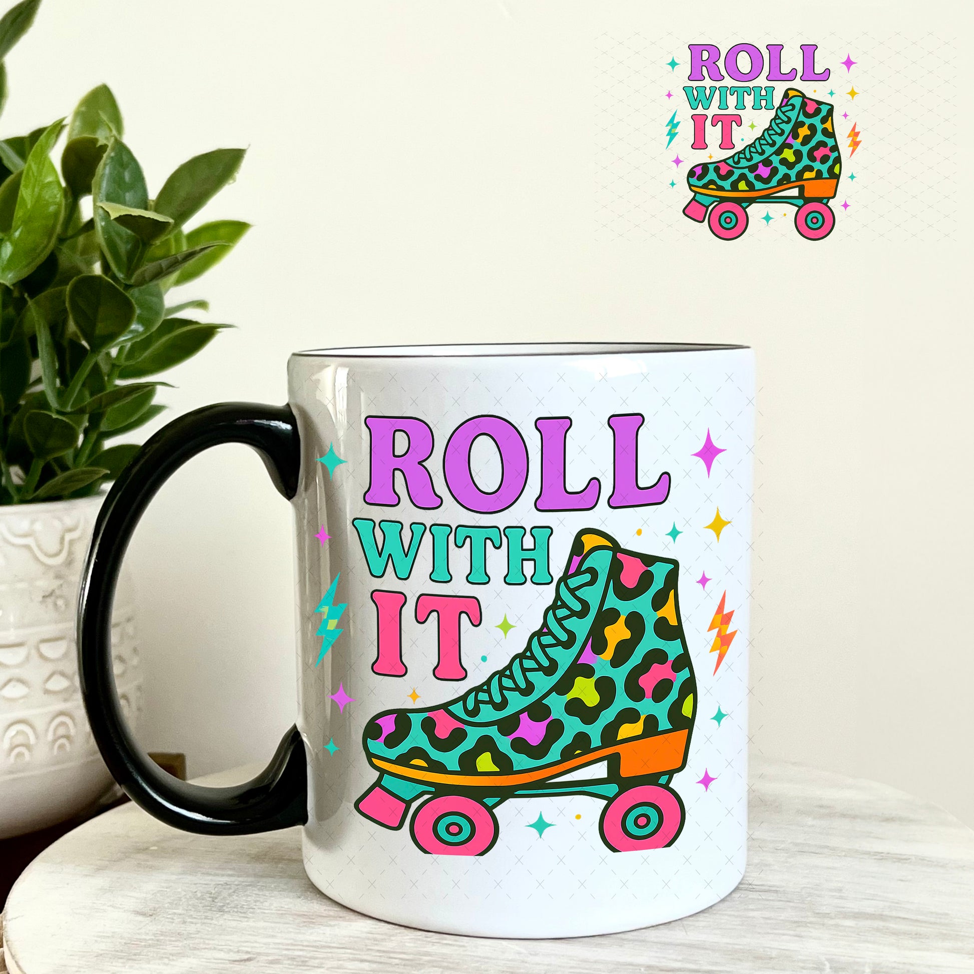 Roll With It Roller Skates UV DTF Decal 11oz Coffee Mug Weefers