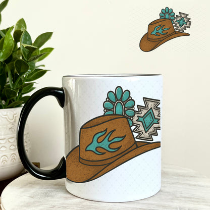 Western Brown Hat and Turquoise Jewels UV DTF Decal 11oz Coffee Mug Weefers