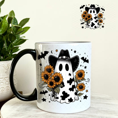 Cow Print Ghost Sunflowers Halloween UV DTF Decal 11oz Coffee Mug Weefers