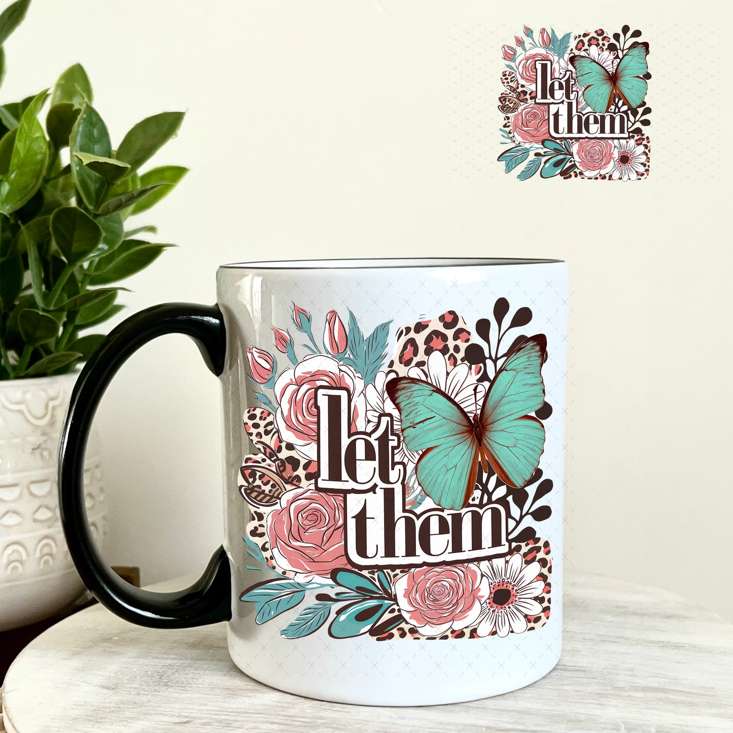 Let Them Mauve and Teal Green Flowers UV DTF Decal 11oz Coffee Mug Weefers