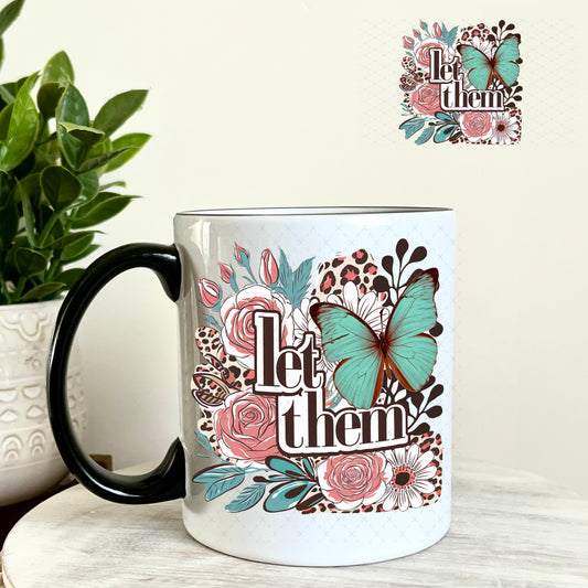 Let Them Mauve and Teal Green Flowers UV DTF Decal 11oz Coffee Mug Weefers