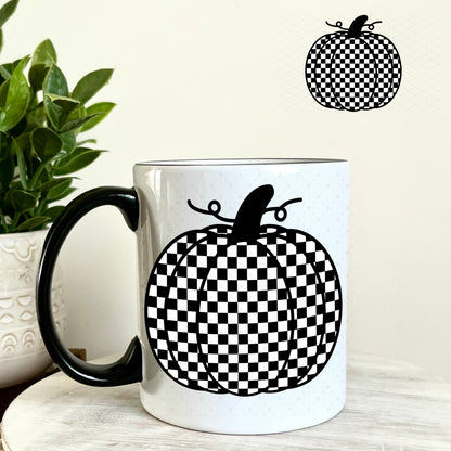 Black and White Checkered Pumpkin UV DTF Decal 11oz Coffee Mug Weefers