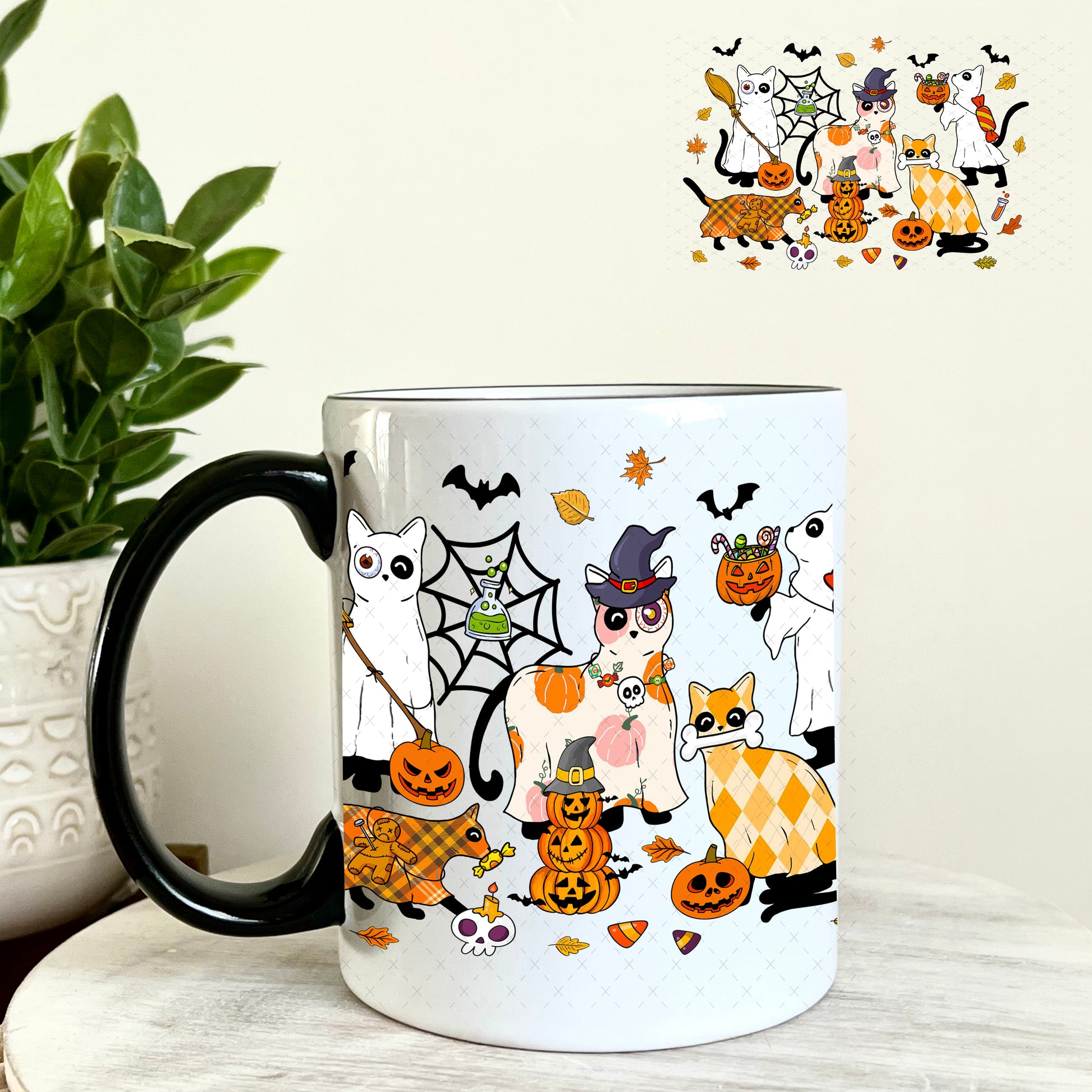 Halloween Cat Friends UV DTF Decal 11oz Coffee Mug Weefers