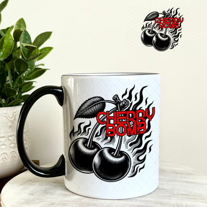 Cherry Bomb Black and Red UV DTF Decal 11oz Coffee Mug Weefers