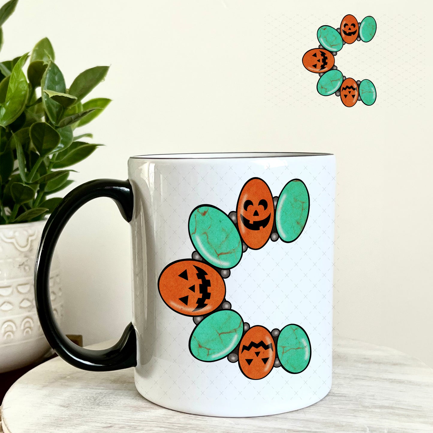 Turquoise and Jack-o-Lantern Bracelet UV DTF Decal 11oz Coffee Mug Weefers