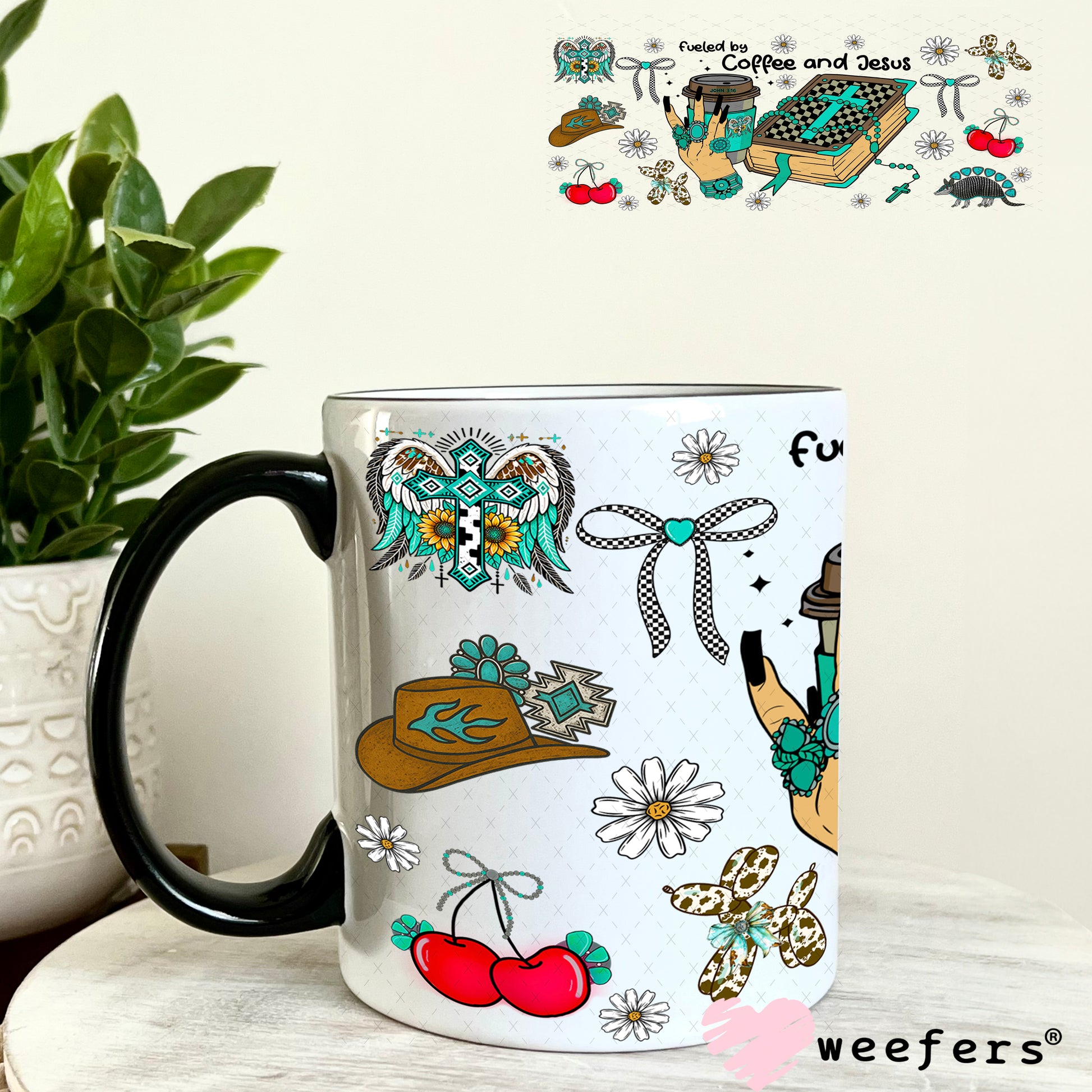 Fueled by Coffee and Jesus UV DTF Cup Wrap - Weefers Exclusive 11oz Coffee Mug Weefers