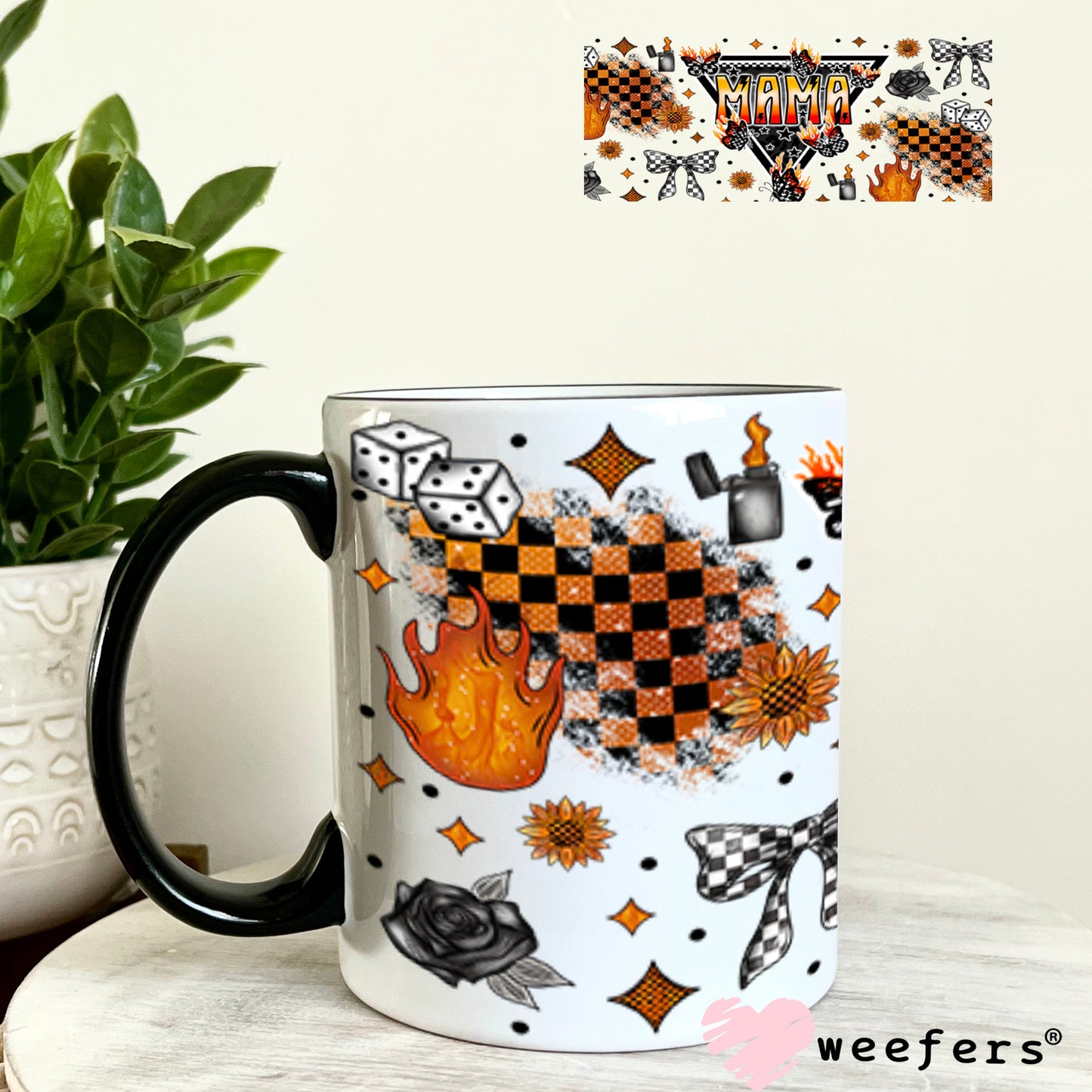 Mama Flames Checkered UV DTF Cup Wrap - Weefers® Exclusive 11oz Coffee Mug Cup Wrap Weefers