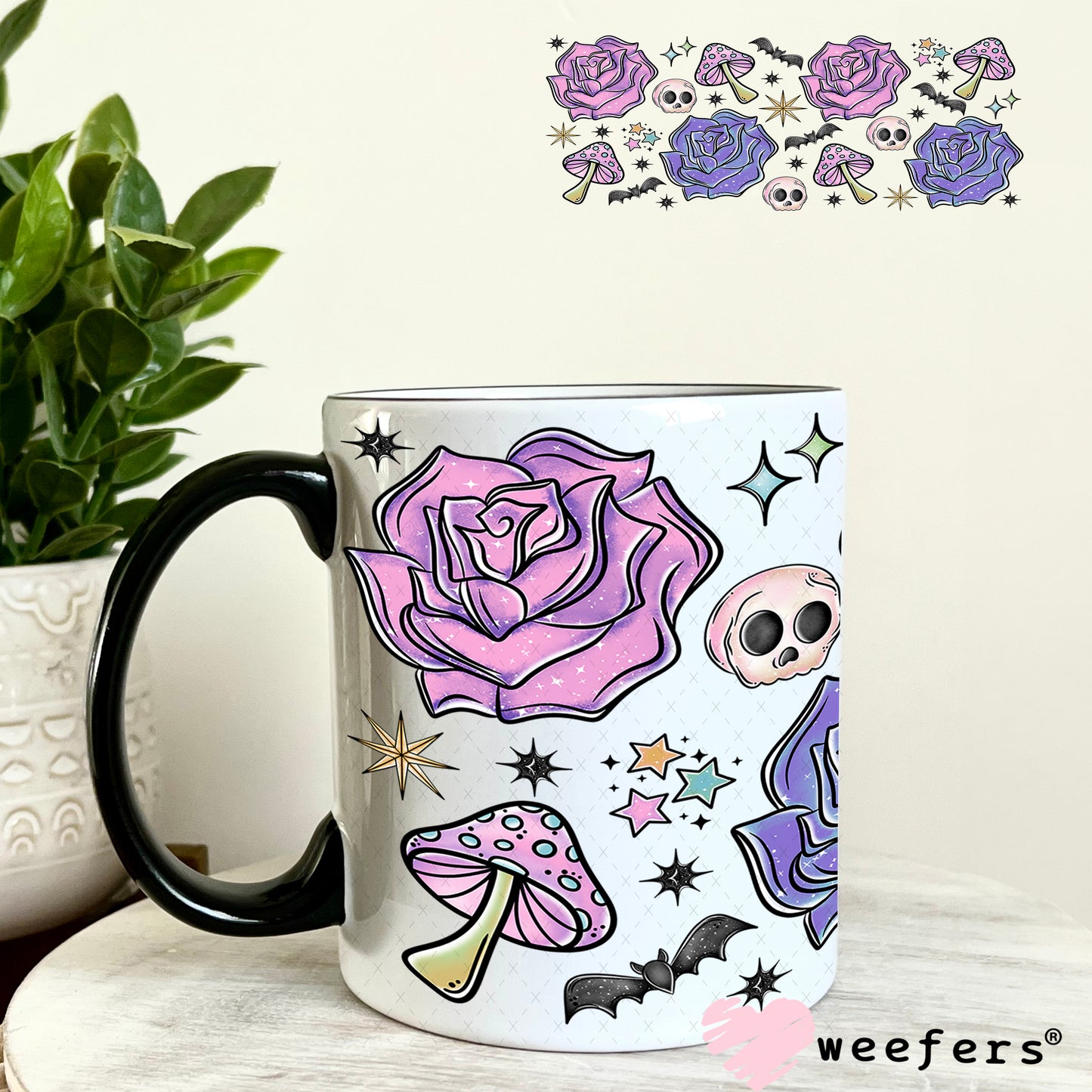 Purple Flowers Bats Skulls UV DTF Cup Wrap - Weefers Exclusive 11oz Coffee Mug Weefers