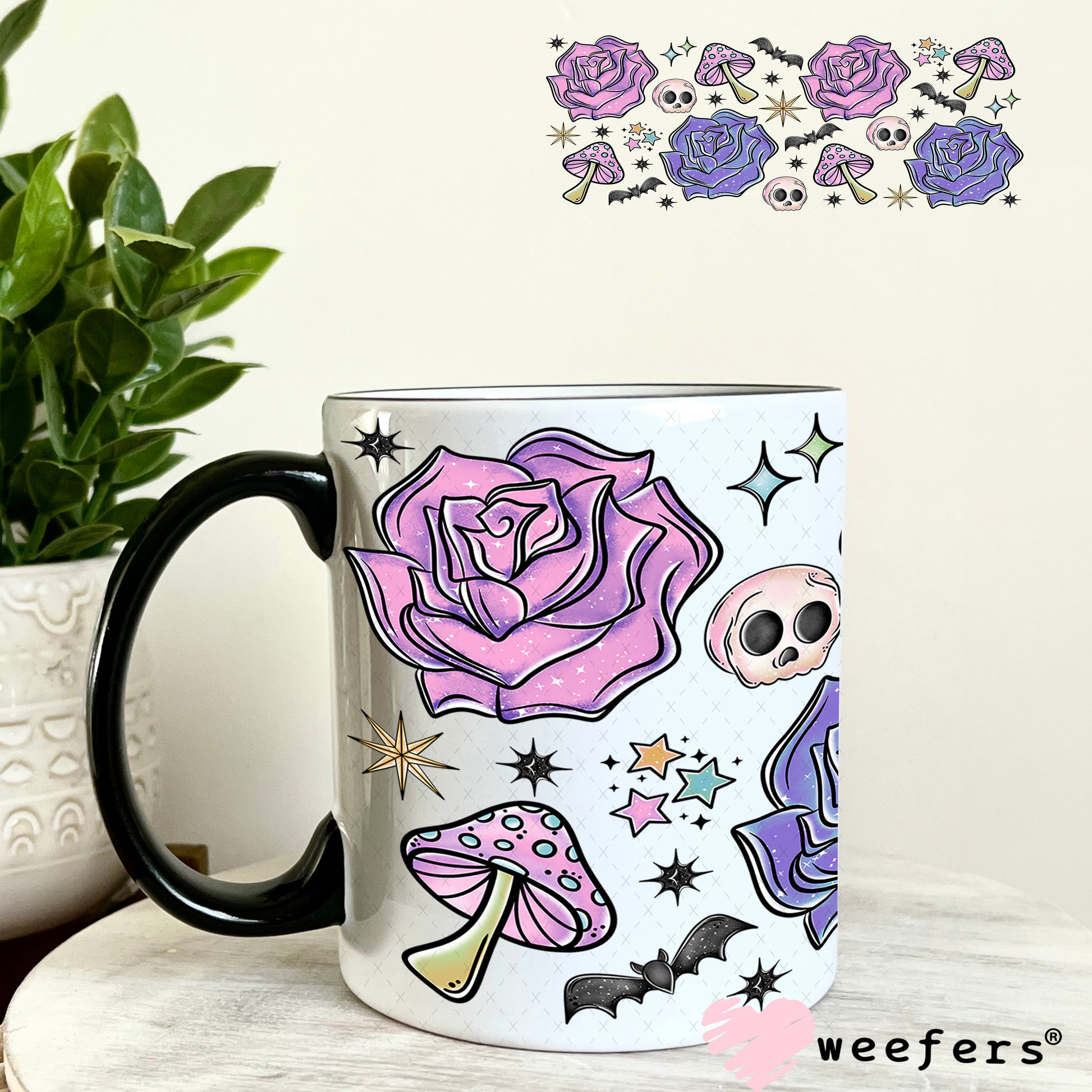 Purple Flowers Bats Skulls UV DTF Cup Wrap - Weefers Exclusive 11oz Coffee Mug Weefers