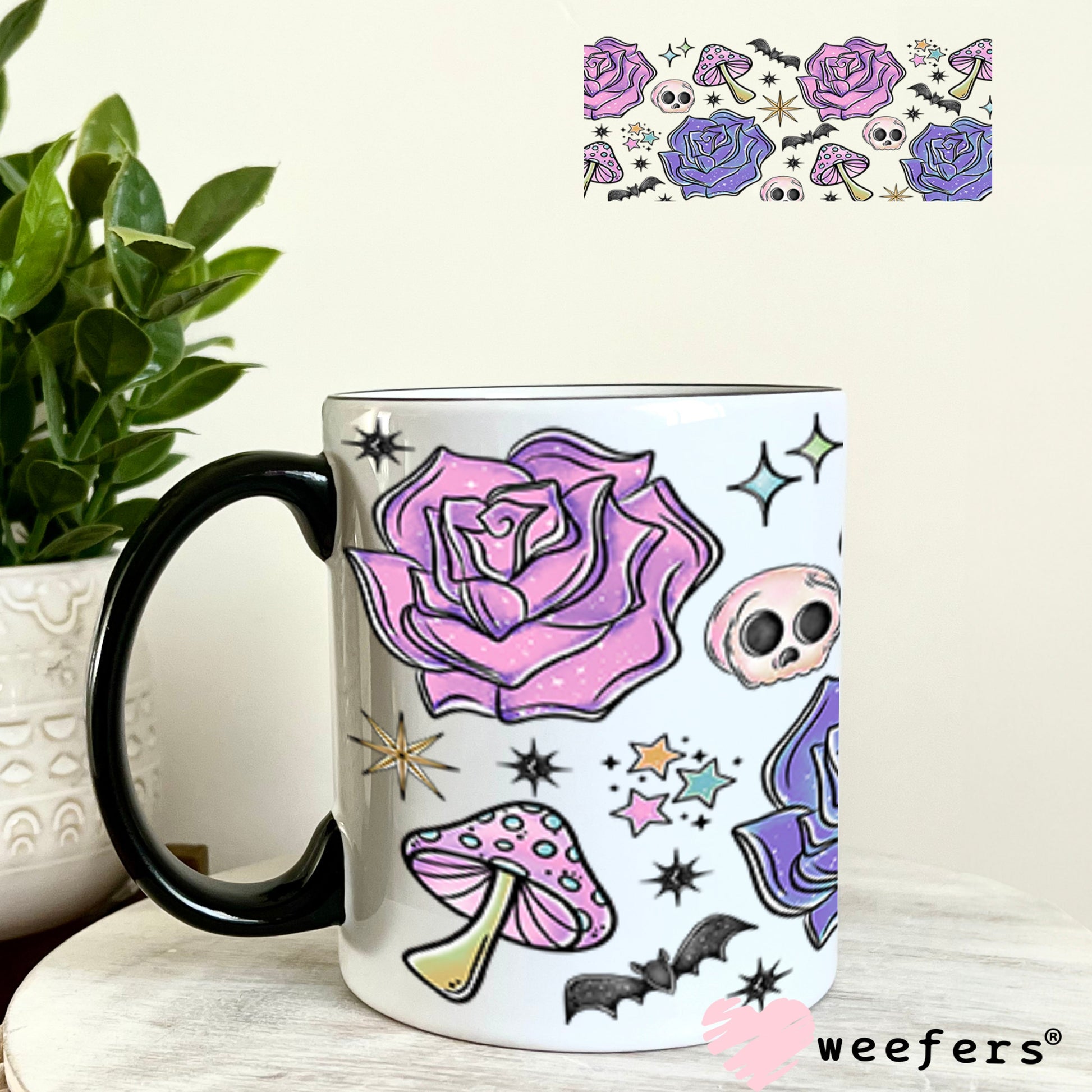 Purple Flowers Bats Skulls UV DTF Cup Wrap - Weefers Exclusive 11oz Coffee Mug Cup Wrap Weefers