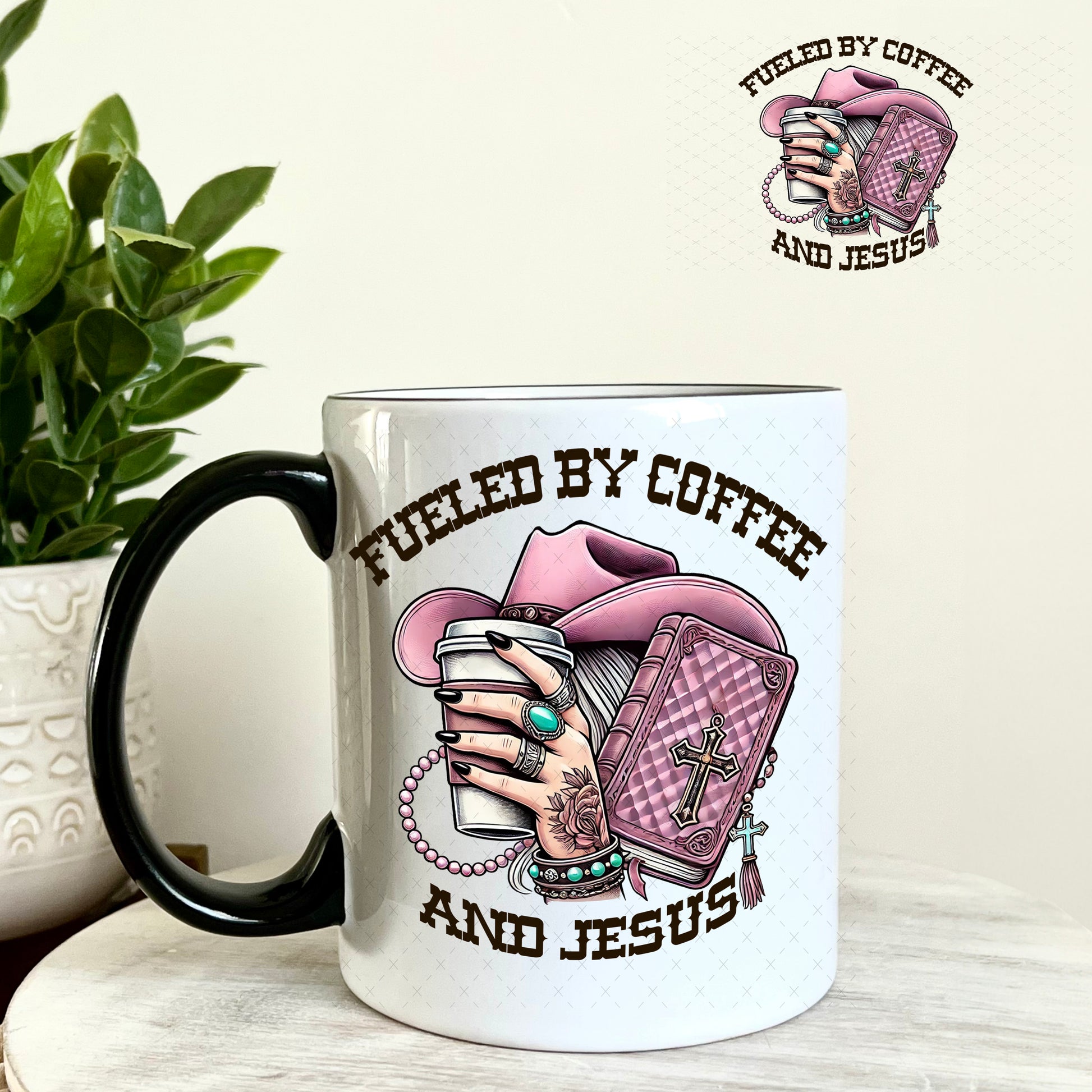 Fueled by Coffee and Jesus Mauve UV DTF Decal 11oz Coffee Mug Weefers
