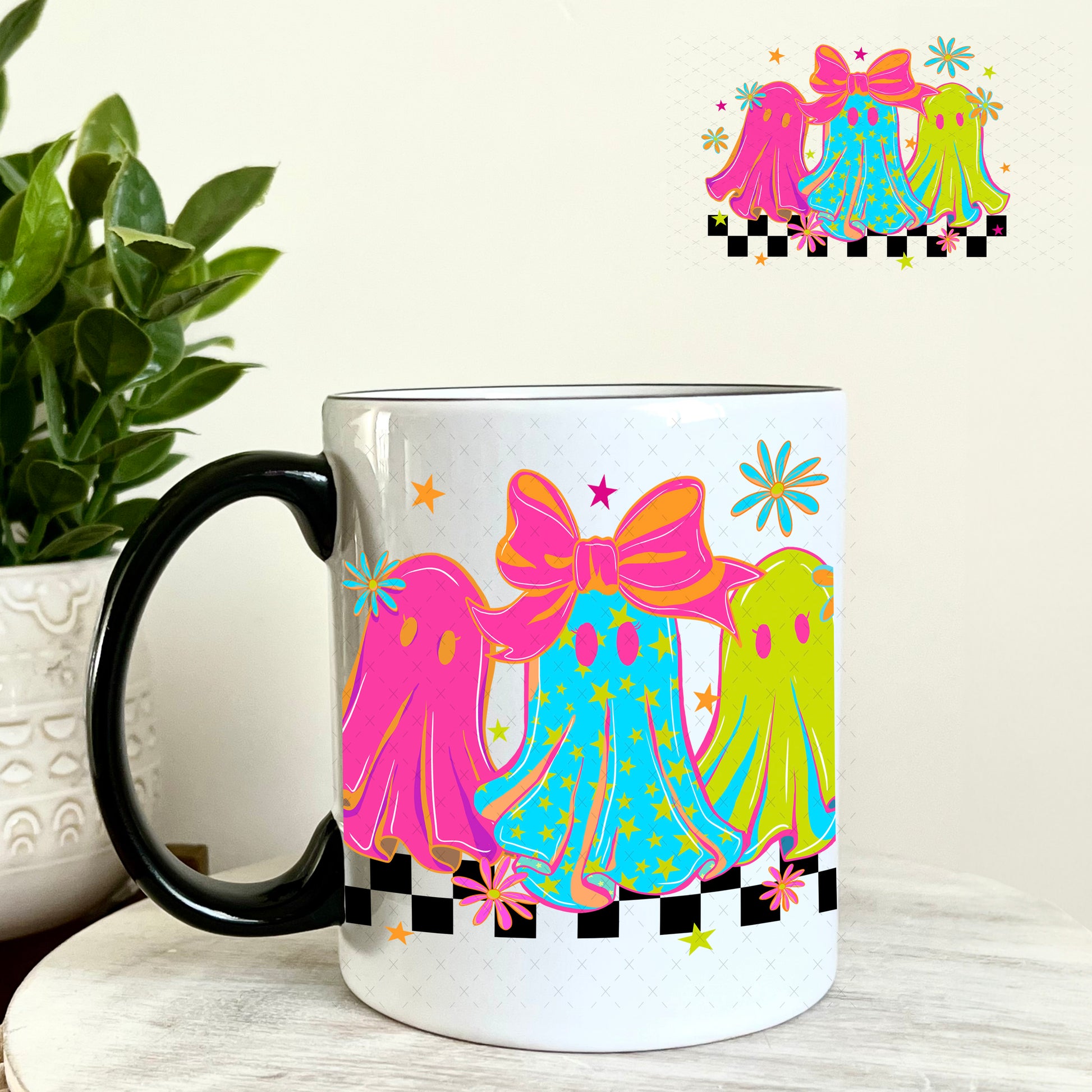 Magenta Teal and Green Girlie Ghosts UV DTF Decal 11oz Coffee Mug Weefers
