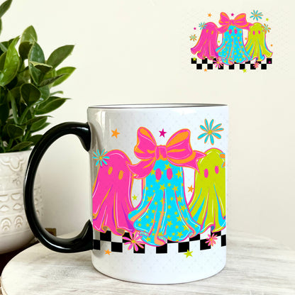 Magenta Teal and Green Girlie Ghosts UV DTF Decal 11oz Coffee Mug Weefers