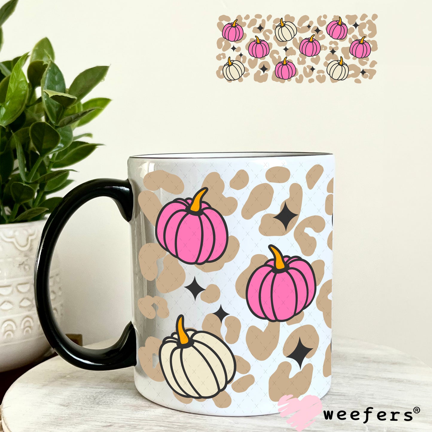 Beige Leopard Pink Pumpkins UV DTF Cup Wrap 11oz Coffee Mug Weefers