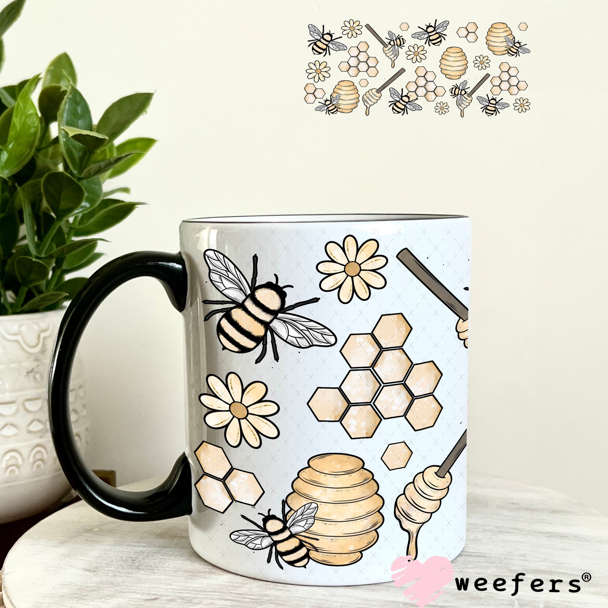 Honeycomb Honey Dipper Bees UV DTF Cup Wrap 11oz Coffee Mug Weefers
