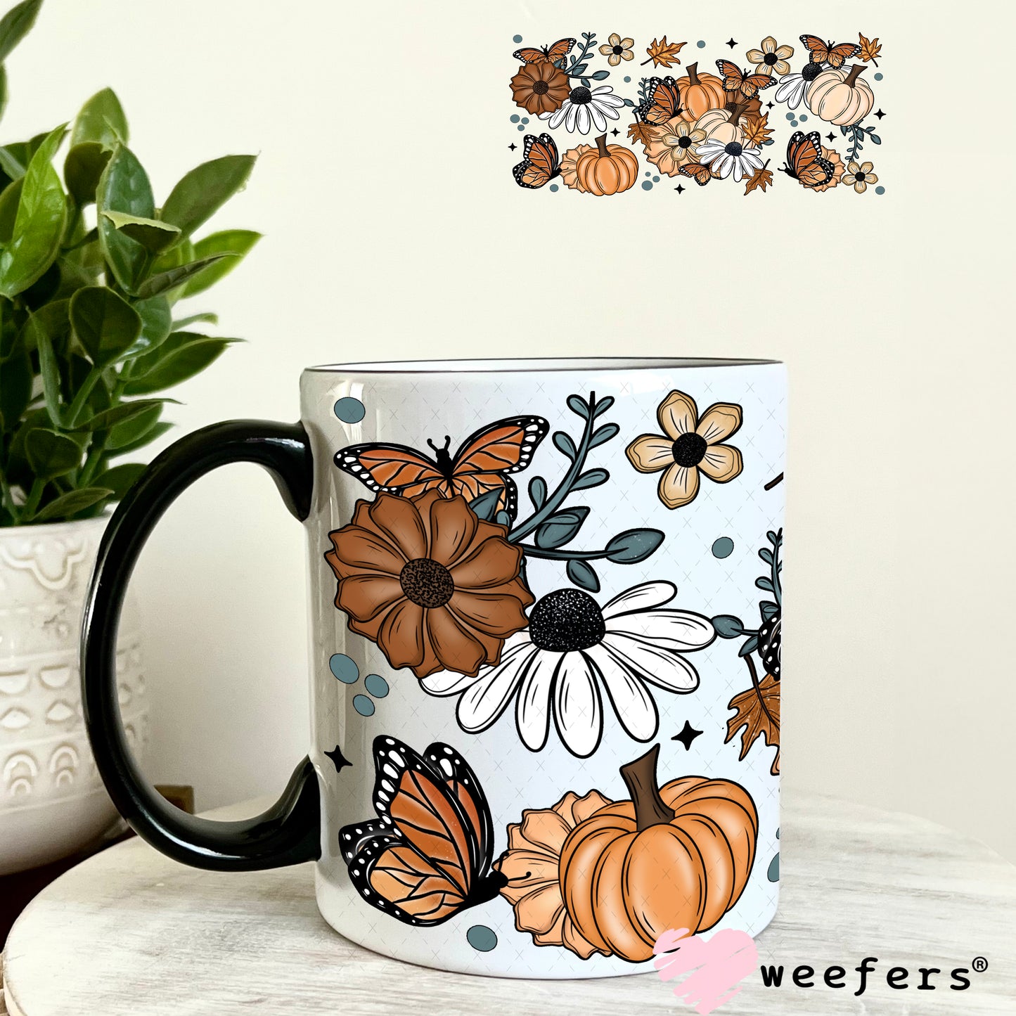 Fall Flowers and Pumpkins UV DTF Cup Wrap 11oz Coffee Mug Weefers