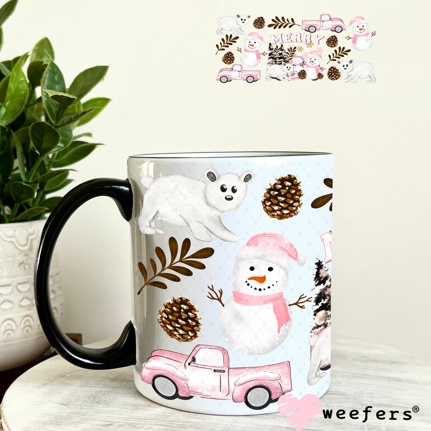 Pink Merry Snowmen and White Bears UV DTF Cup Wrap 11oz Coffee Mug Weefers