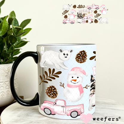 Pink Merry Snowmen and White Bears UV DTF Cup Wrap 11oz Coffee Mug Weefers