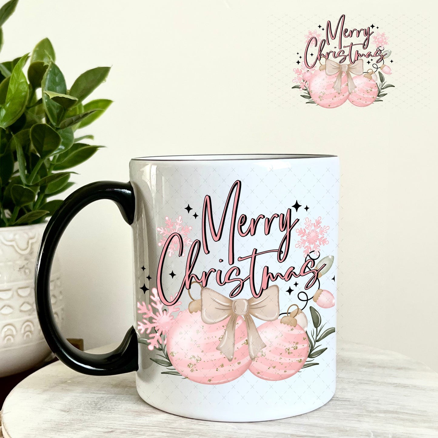 Pink Merry Christmas UV DTF Decal 11oz Coffee Mug Weefers