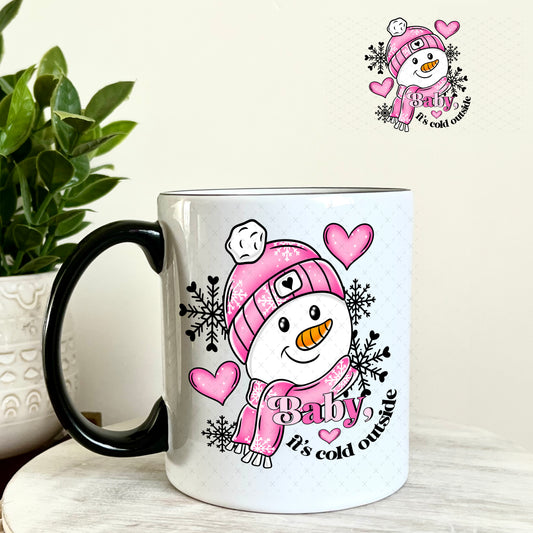 Pink Snowman Baby It's Cold Outside Christmas UV DTF Decal 11oz Coffee Mug Weefers