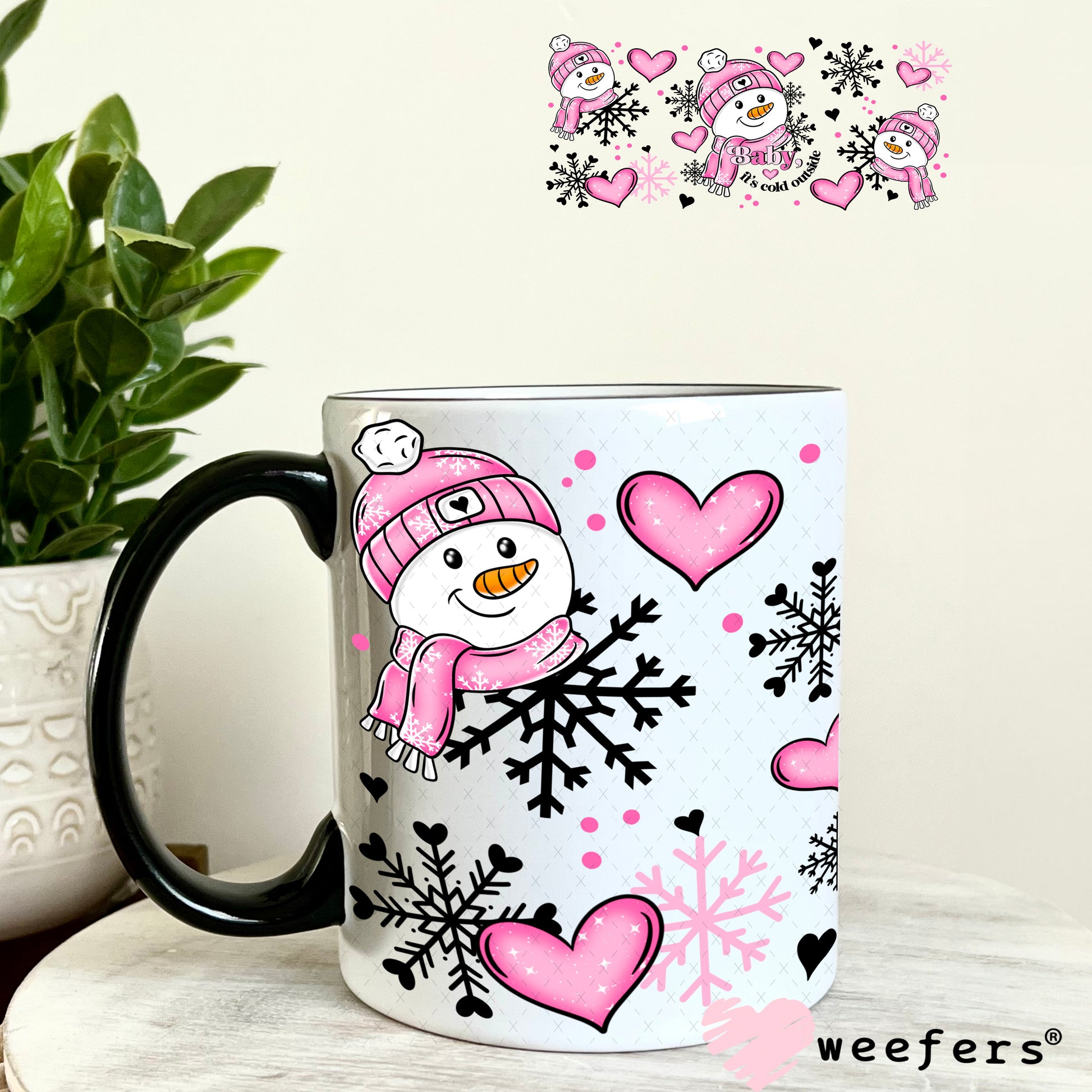 Pink Snowman Baby It's Cold Outside Christmas UV DTF Cup Wrap 11oz Coffee Mug Weefers