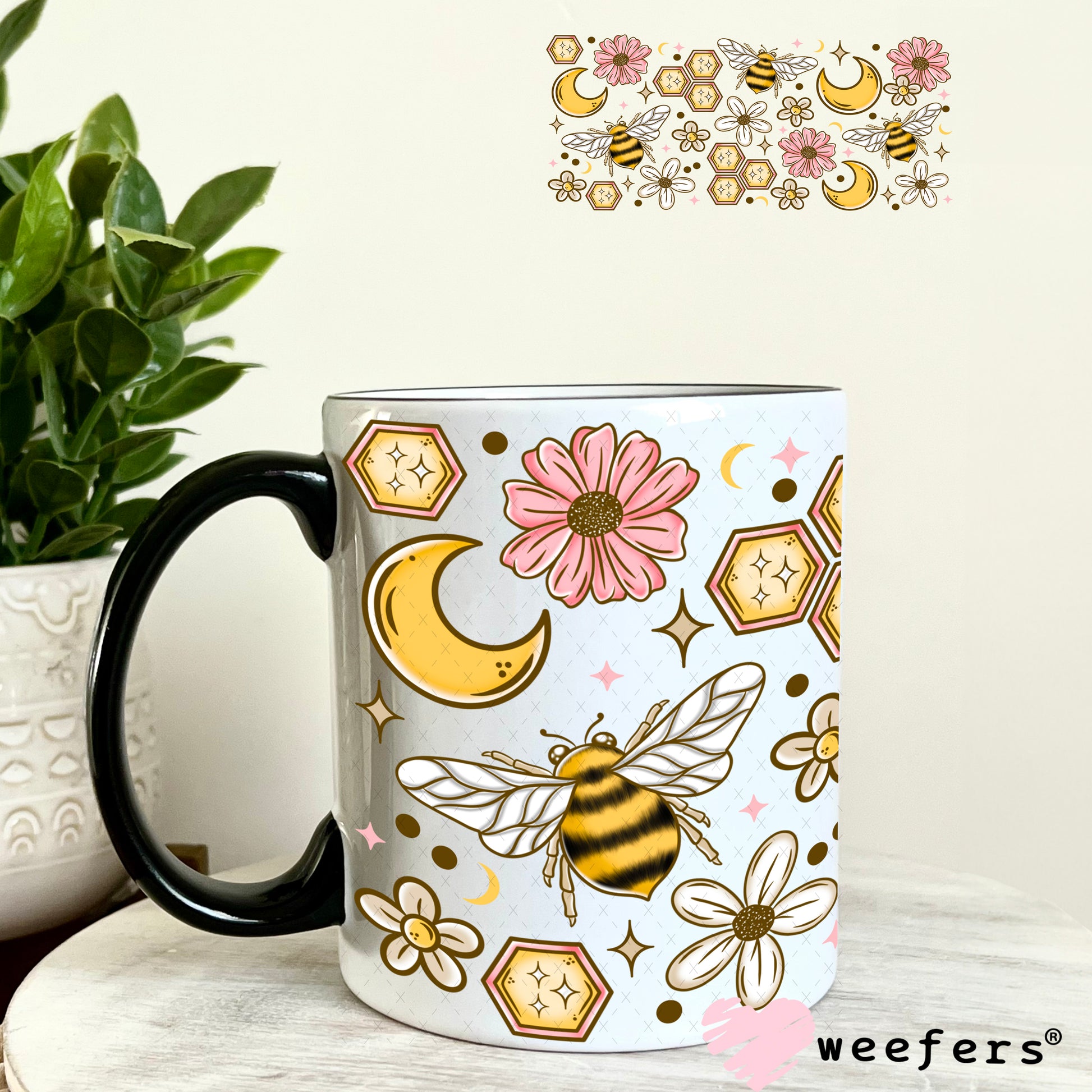 Honeycomb Bees and Pink Flowers UV DTF Cup Wrap 11oz Coffee Mug Weefers