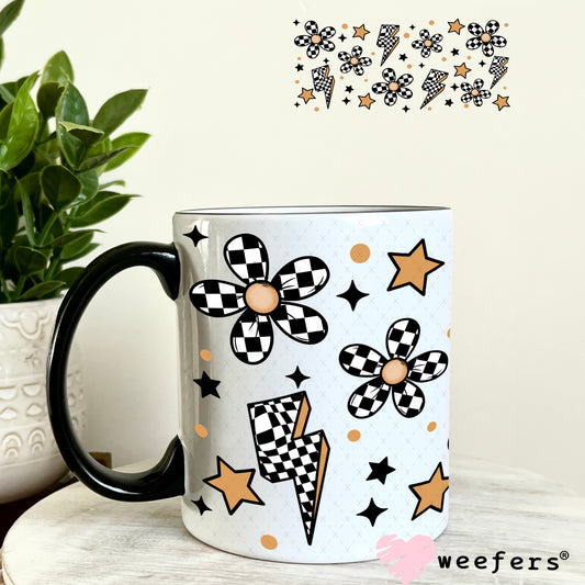 Black and White Checkered Flowers Lightening Bolts UV DTF Cup Wrap 11oz Coffee Mug Weefers