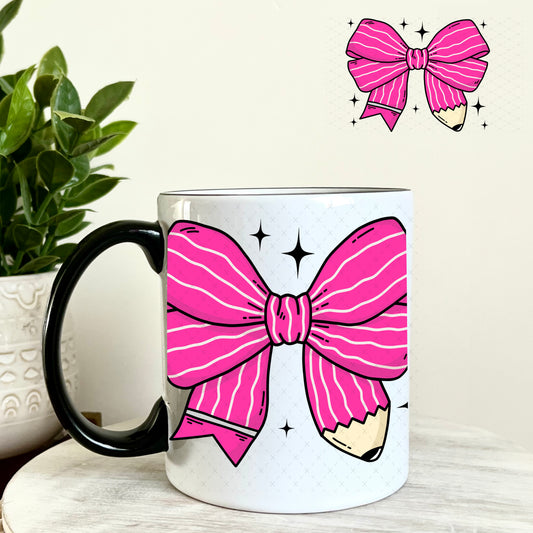 Pink Teacher Pencil Bow UV DTF Decal 11oz Coffee Mug Weefers