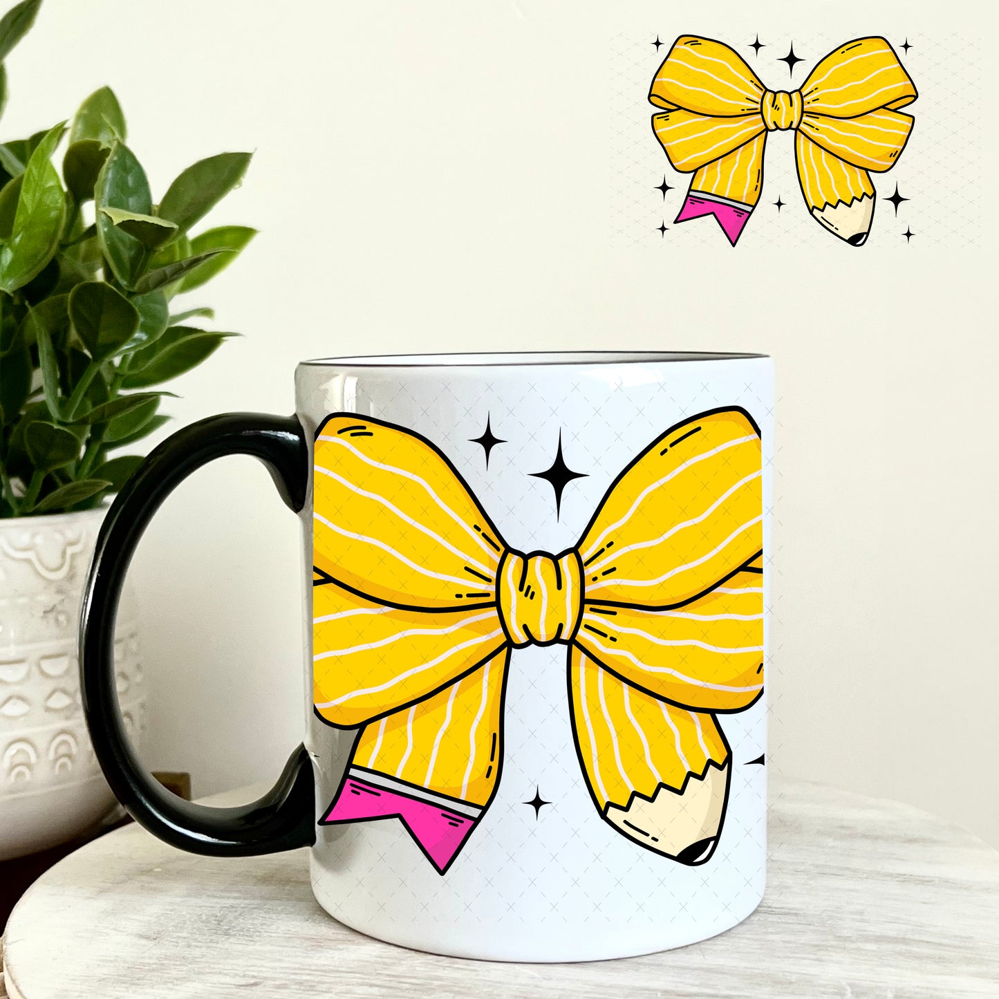 Yellow Teacher Pencil Bow UV DTF Decal 11oz Coffee Mug Weefers