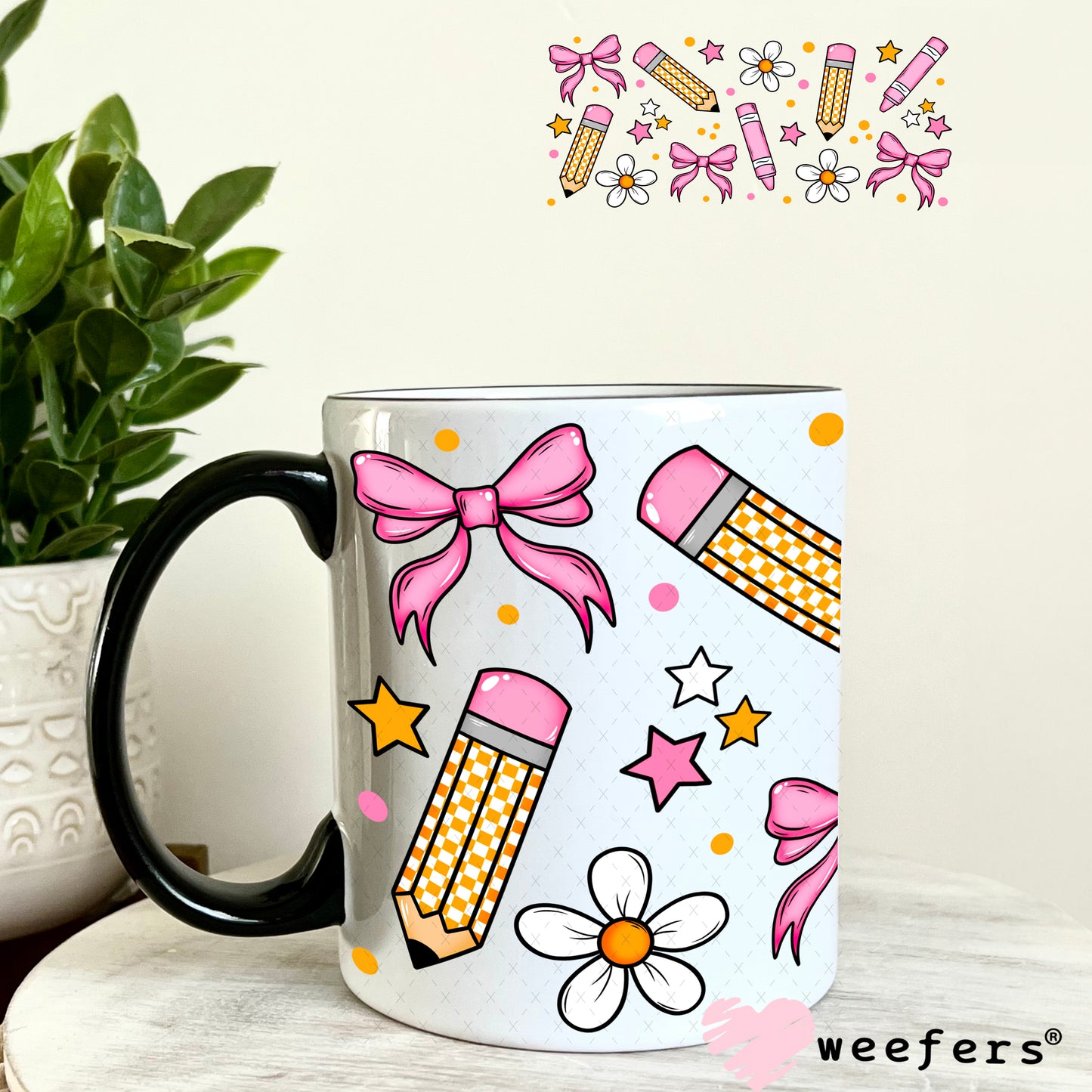 Teacher Pencils and Pink Bows UV DTF Cup Wrap 11oz Coffee Mug Weefers