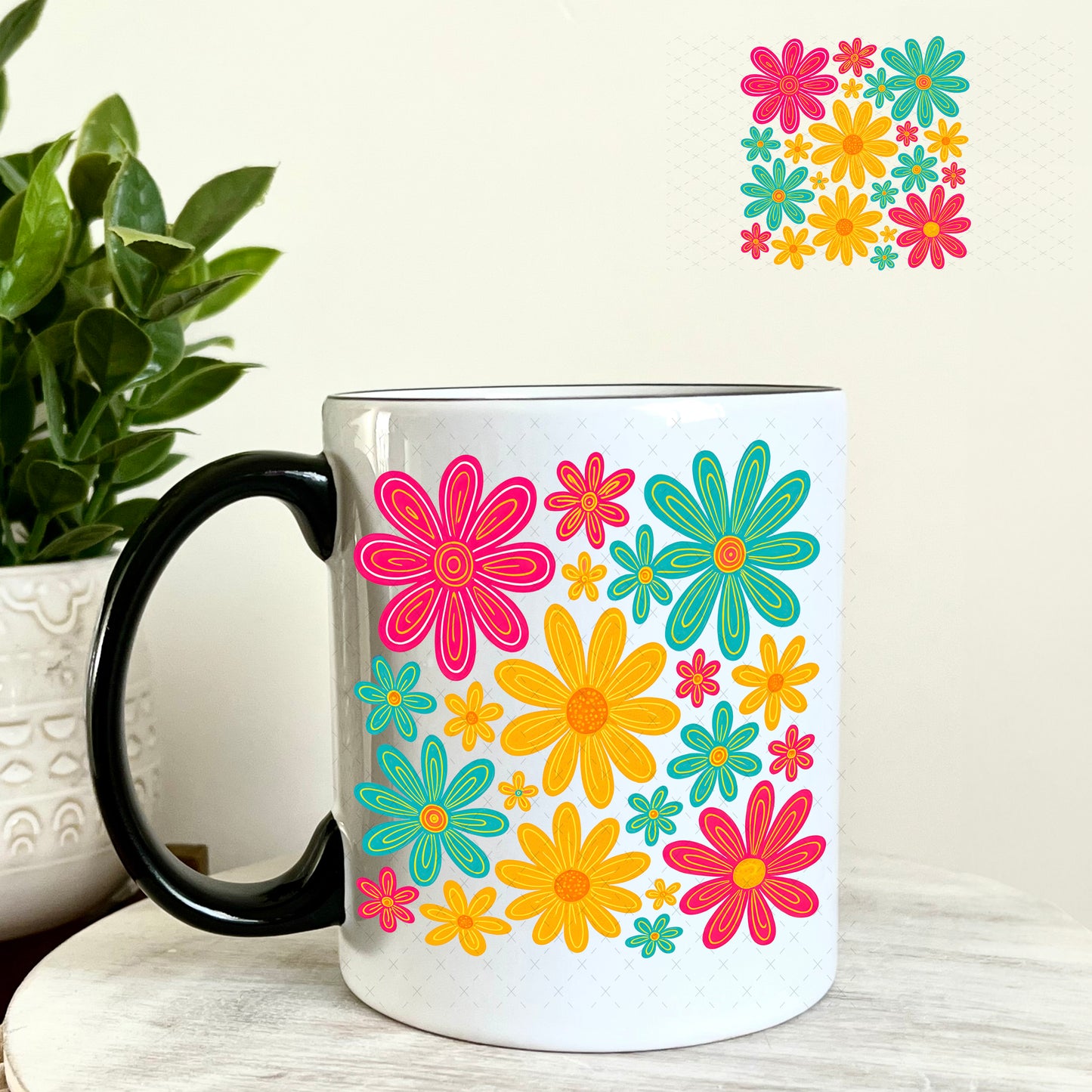 Colorful Daisy Flowers UV DTF Decal 11oz Coffee Mug Weefers