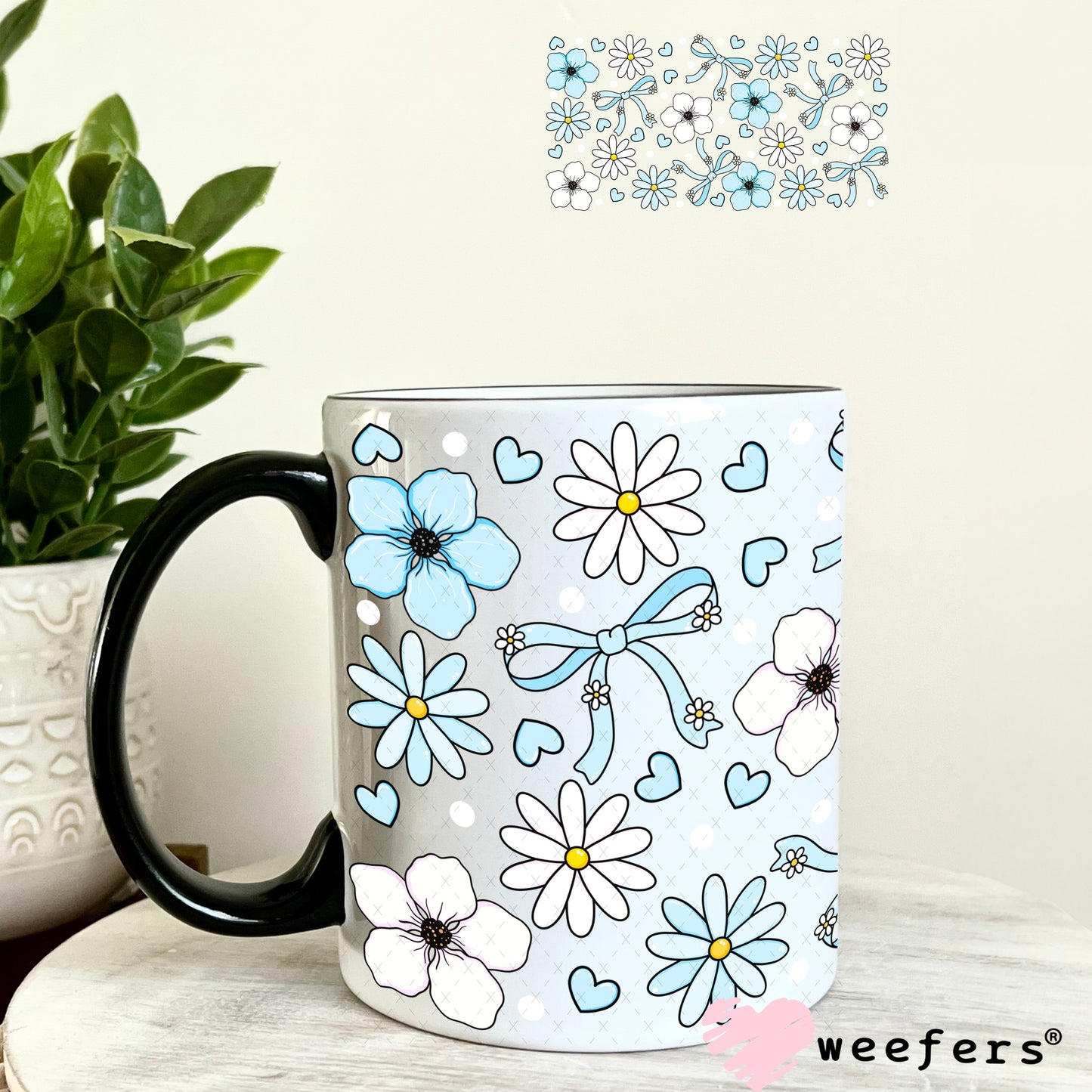 Light Blue and White Flowers UV DTF Cup Wrap 11oz Coffee Mug Weefers