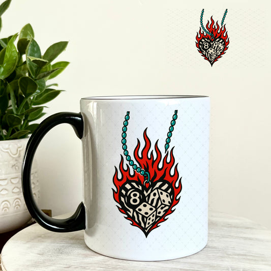 Eightball Dice Flame Heart UV DTF Decal 11oz Coffee Mug Weefers
