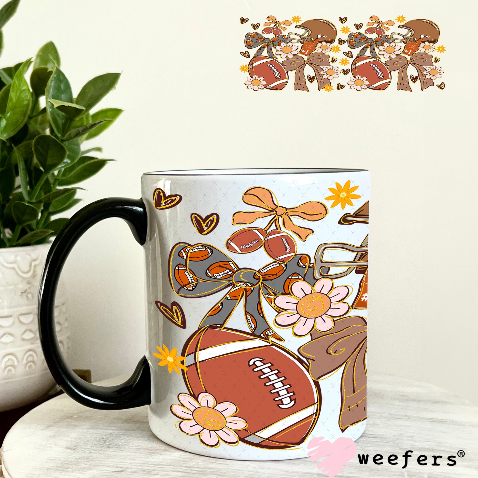 Football Coquette Bows and Flowers UV DTF Cup Wrap - Weefers Exclusive 11oz Coffee Mug Weefers