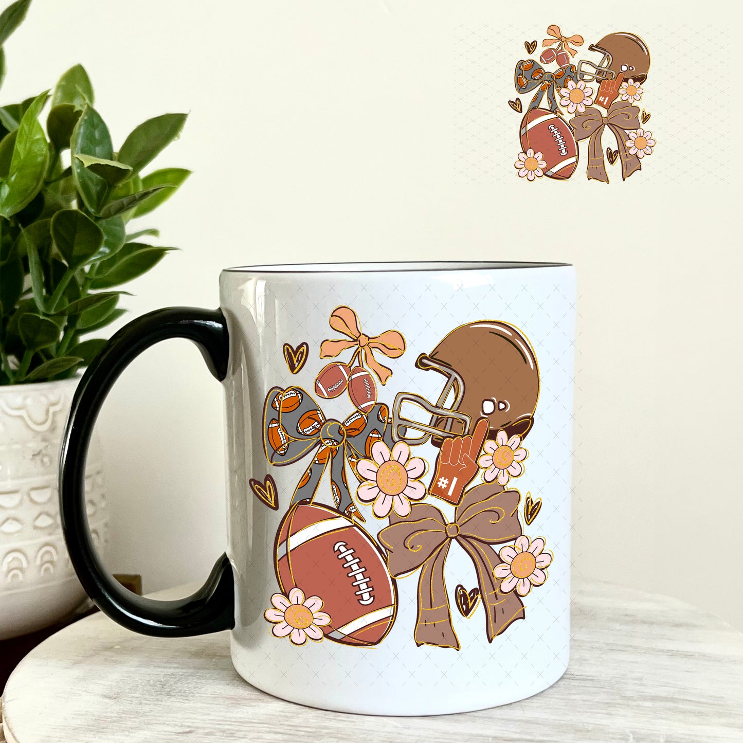 Football Coquette Bows and Flowers UV DTF Decal 11oz Coffee Mug Weefers