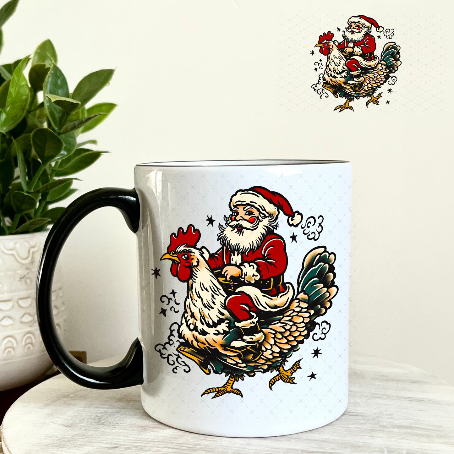 Santa Riding a Rooster UV DTF Decal 11oz Coffee Mug Weefers