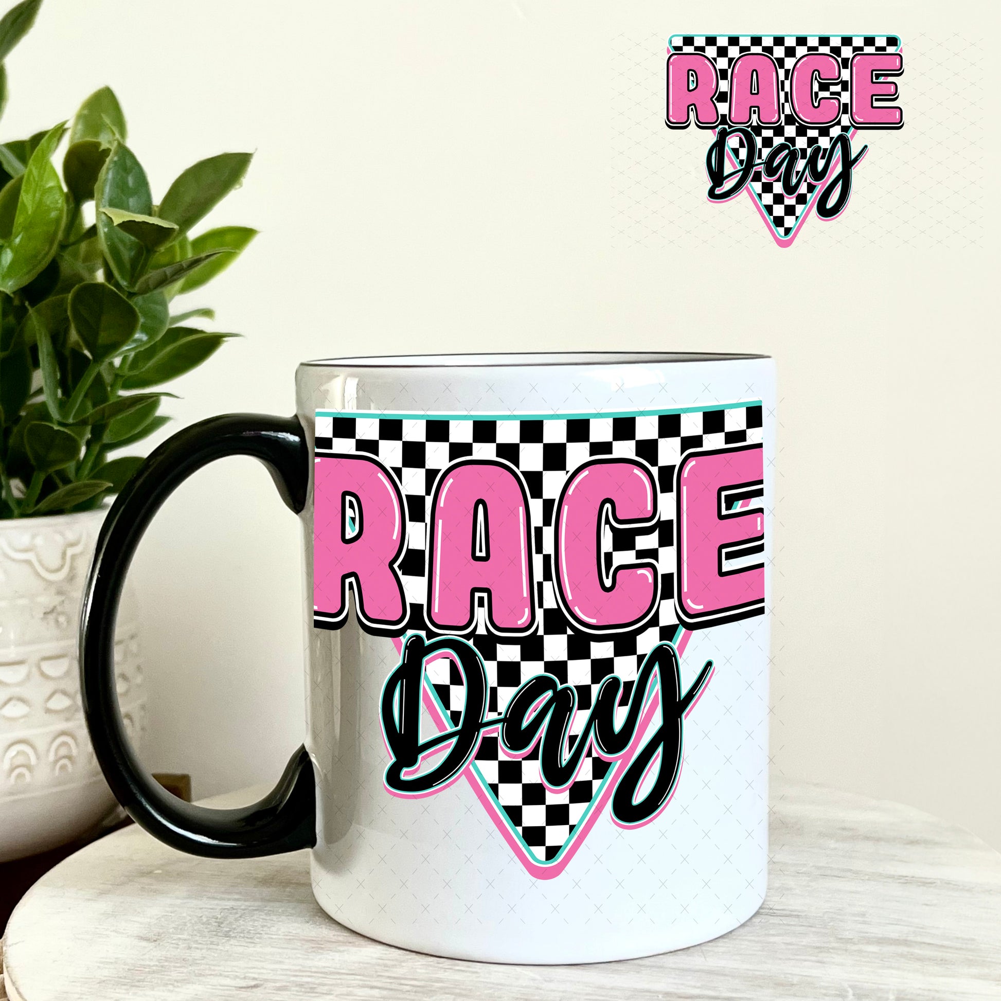 Race Day Pink Black UV DTF Decal 11oz Coffee Mug Weefers