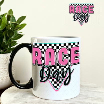 Race Day Pink Black UV DTF Decal 11oz Coffee Mug Weefers