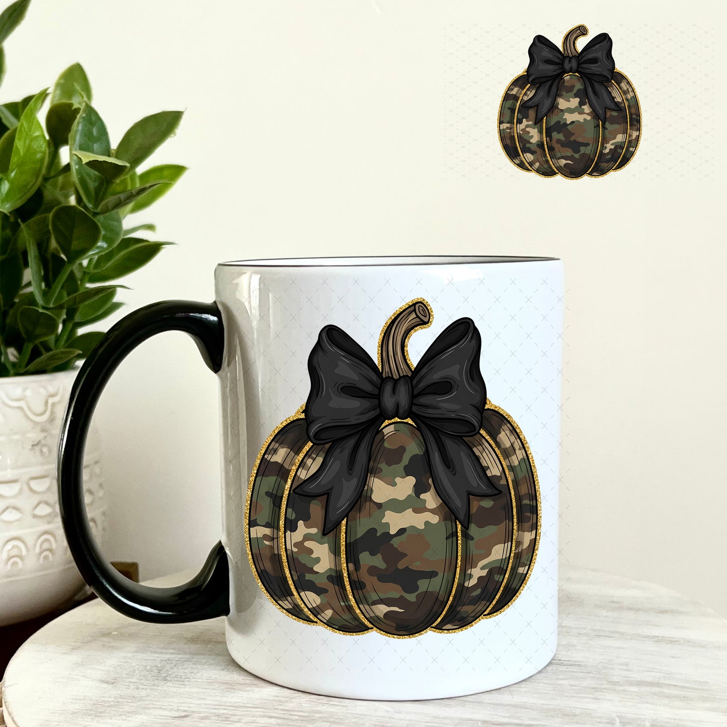 Camouflage Pumpkin Bow UV DTF Decal 11oz Coffee Mug Weefers