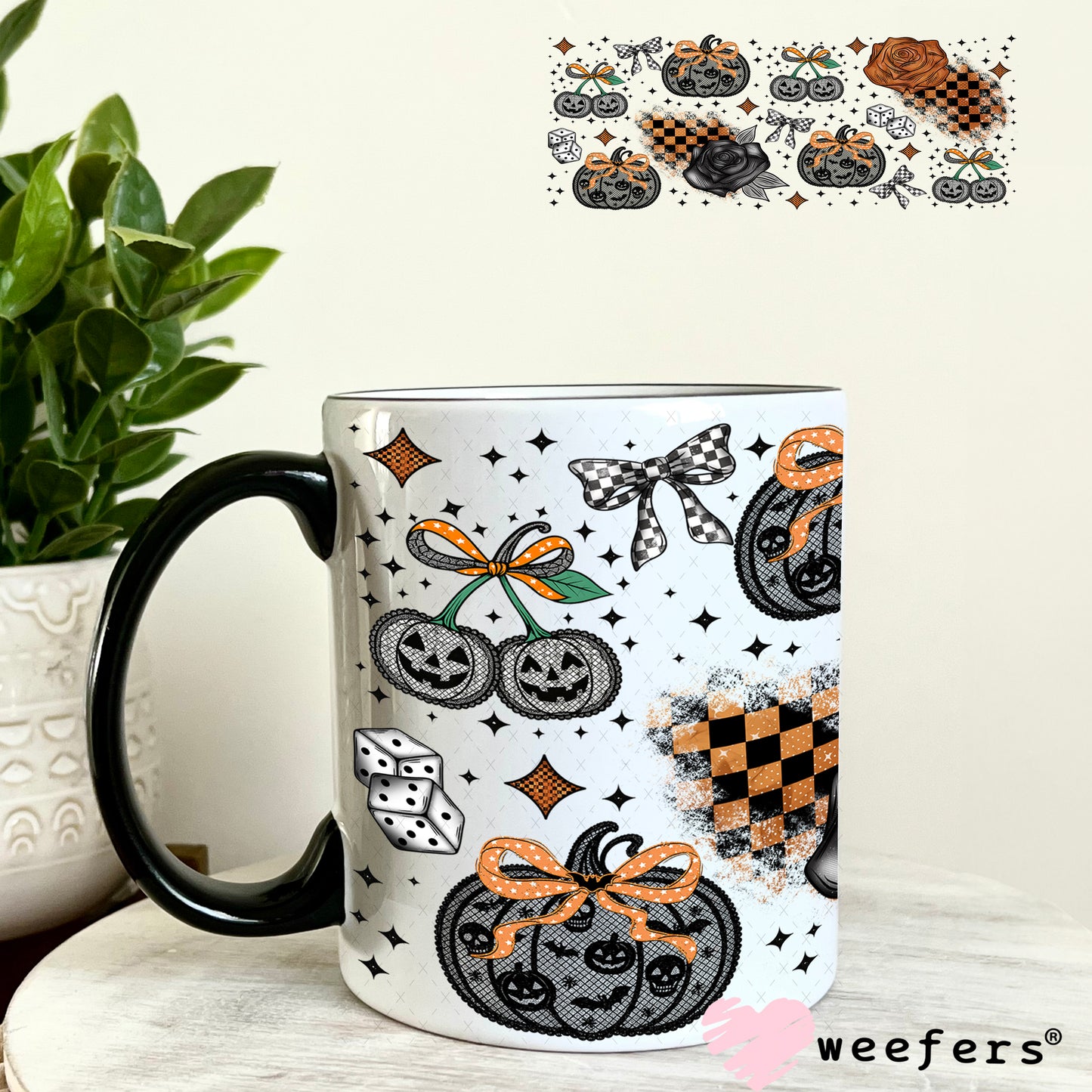 Black Lace Pumpkins and Roses UV DTF Cup Wrap - Weefers Exclusive 11oz Coffee Mug Weefers