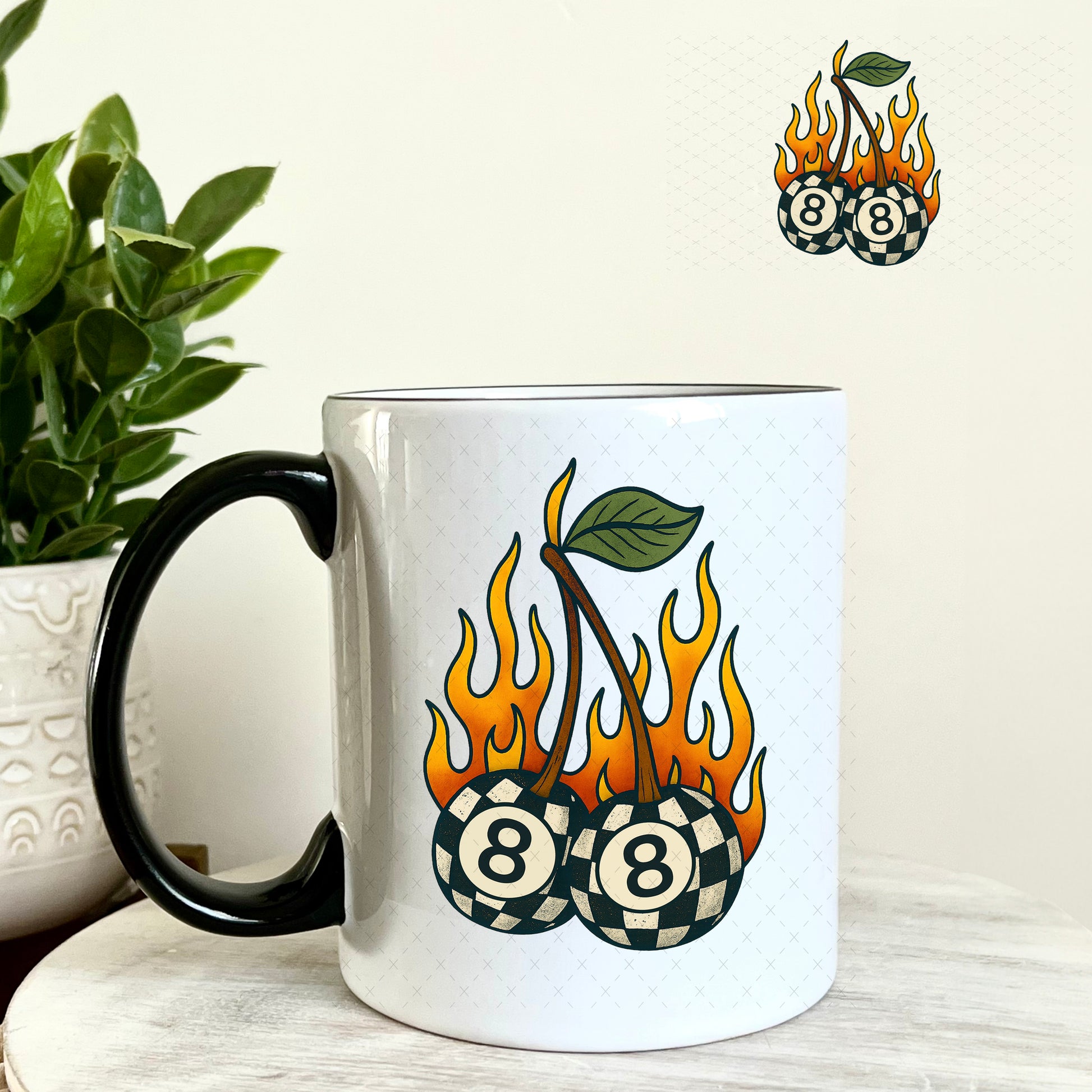 Fire Flam Eightball Cherries UV DTF Decal 11oz Coffee Mug Weefers